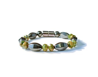 Magnetic Therapy Bracelet, Black Hematite with Green/Brown Glass Beads, Holistic Jewelry