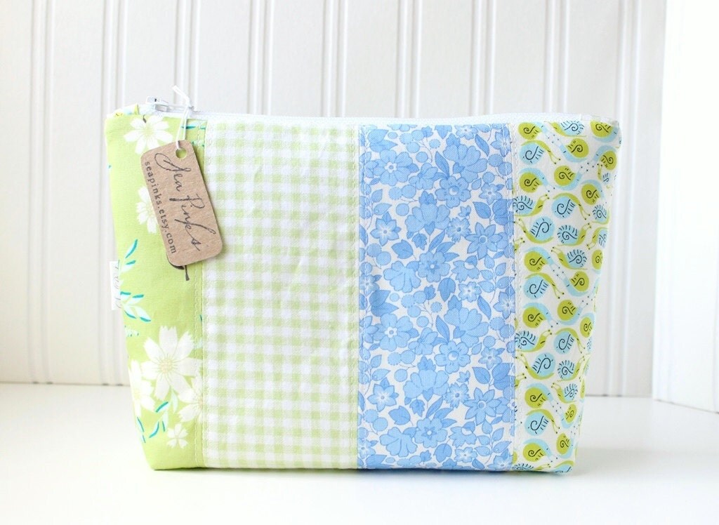 Blue and Green Makeup Bag Project Bag Zipper Pouch by SeaPinks