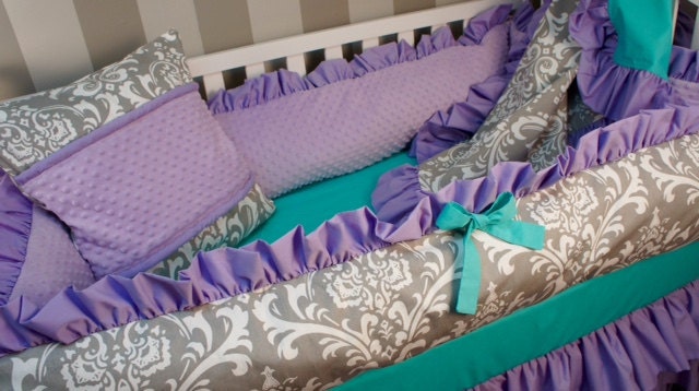 Custom made Baby crib bedding set grey damask with lilac and