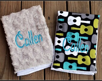 Personazlied Burp Cloth Set, Groovy Guitar Lagoon, Gray Minky Swirl,Baby Boy, Baby Girl,Cotton Burp Cloth