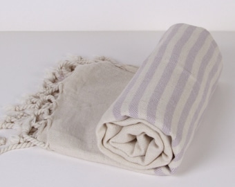 Bath Towel / Beach Towel , Turkish Bath Towel...Linen - Cotton PESHTEMAL Cream-Lilac