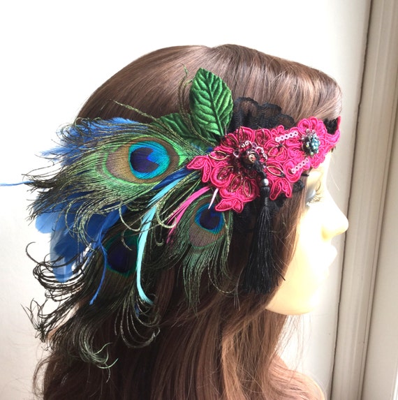 Peacock feather headband, 1920s flapper headpiece.