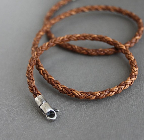 Mens Leather Braid Necklace Light Brown Cord Sterling Silver