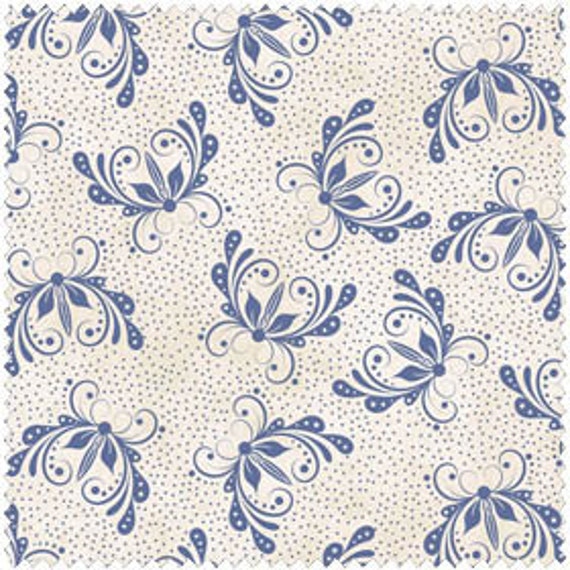Blue Floral on Ivory Cotton Quilt Fabric for Sale