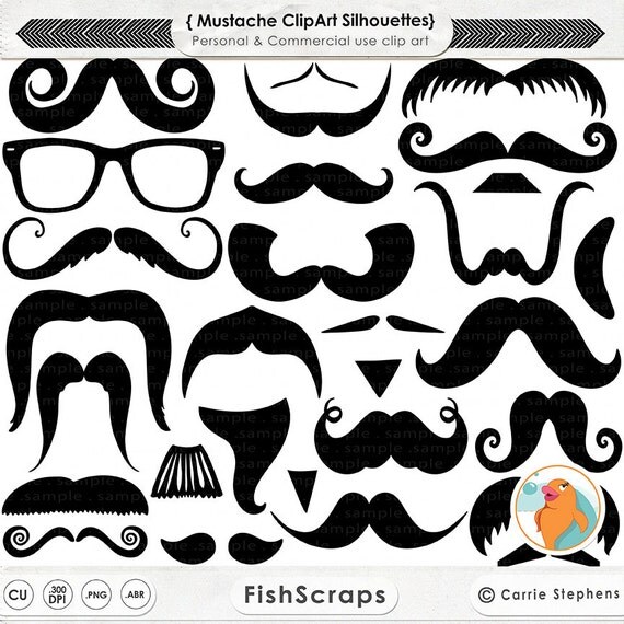 Mustache Clip Art, Moustache ClipArt Silhouettes + Line Art, Masculine, Gentlemen, Hipster Party DIY Photo Booth Props Il_570xn