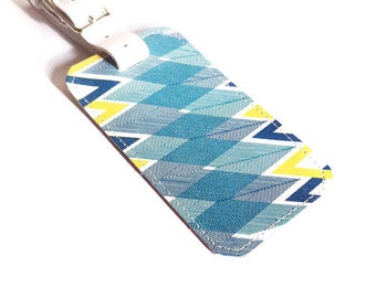 Personalised Leather Luggage Tag / Custom Luggage Tag / Blue Lines / Father's Day Boyfriend Gift / 4th July Travel Suitcase Baggage Label