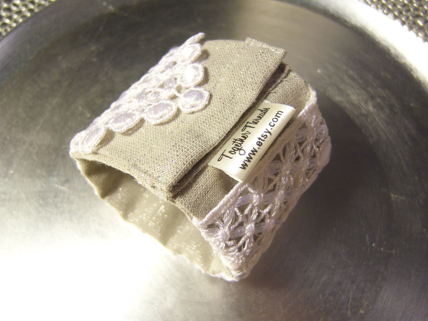 Sale Handmade Fabric Wrist Cuff Bracelet White Lace Silver