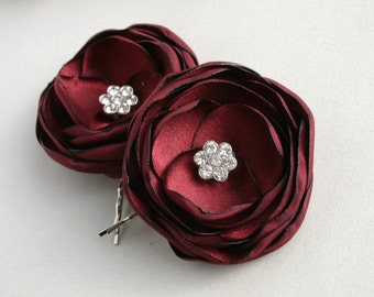 Burgundy Bridal Flower Hairpieces, Dark Red Floral Hair Pins, Bridal Hair Pieces, Flower Hair Pins, Burgundy Bridesmaid Hair Accessories