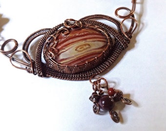 Woven Picture Stone Necklace - Wire Woven Copper Statement Necklace - Jasper Wire Necklace