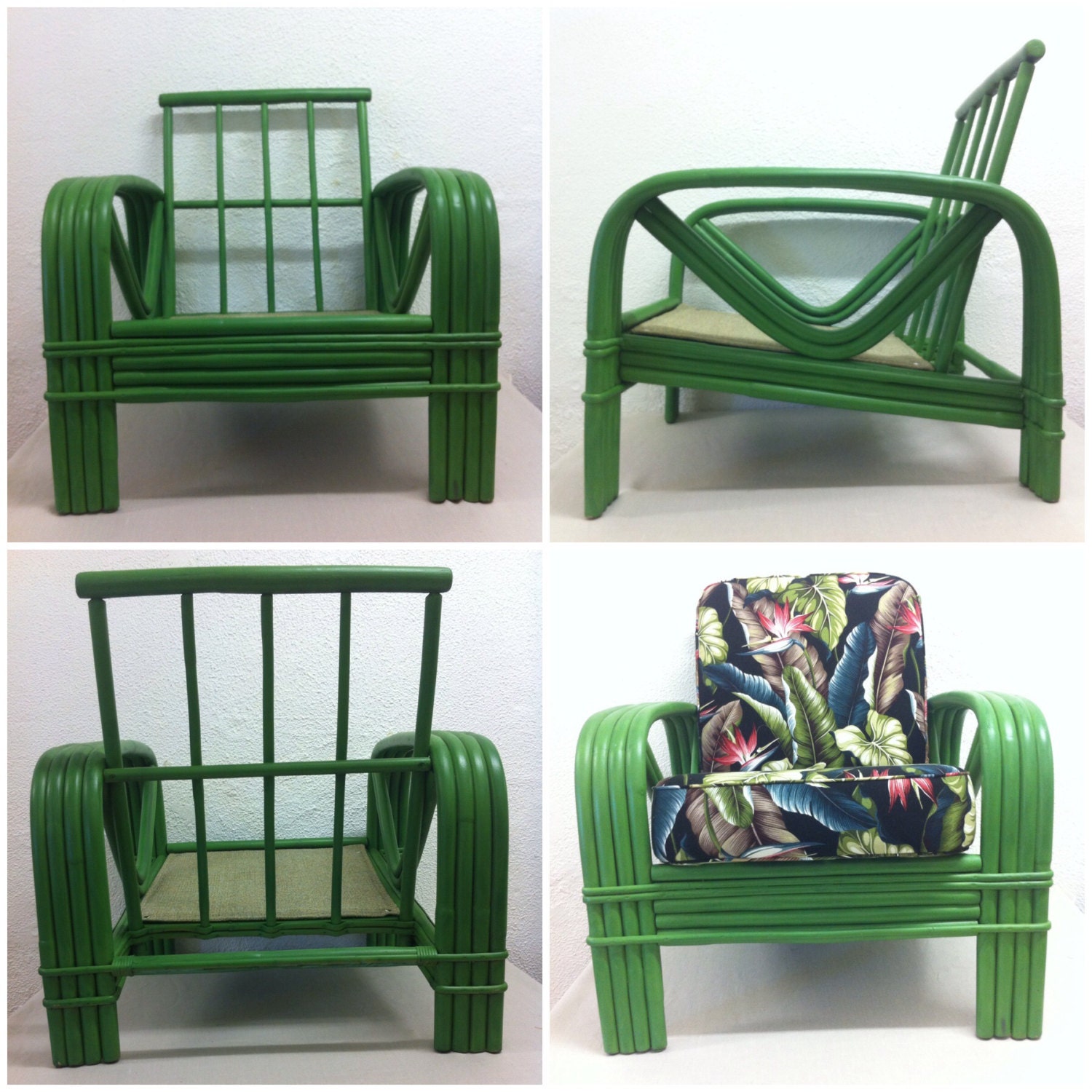 Vintage 4 Band Green Rattan Chair with New by millerupholstering