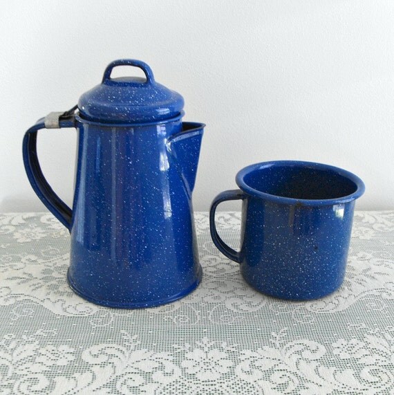 Vintage Enamelware Coffee Pot and Mug Blue Speckled Mug and