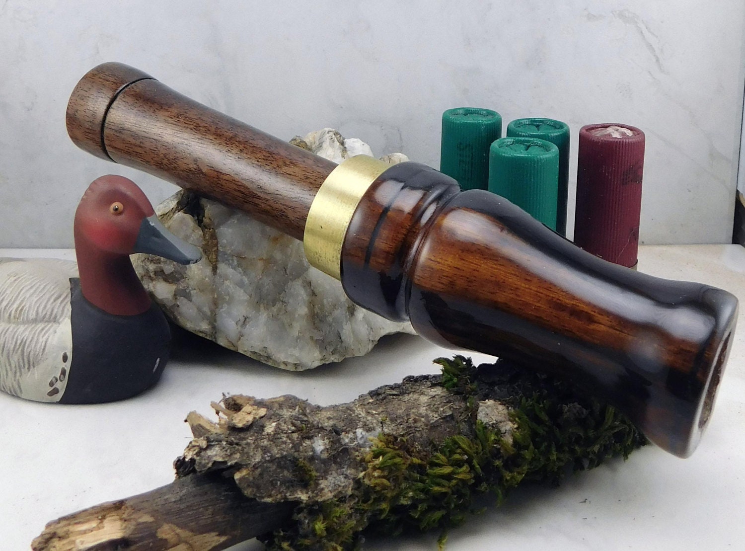 Short Reed goose Call in Black Waknut With brass Band 255