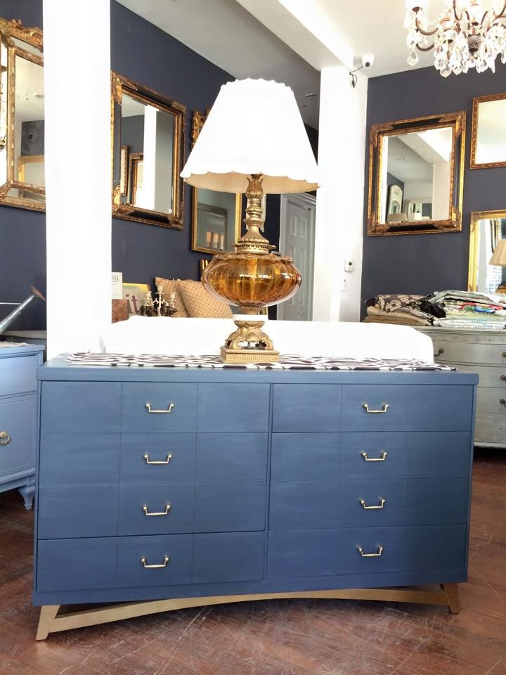 Mid Century Modern Tall Boy Dresser Painted in Slate Gray, Gold Painted Feet & Gold Handles at