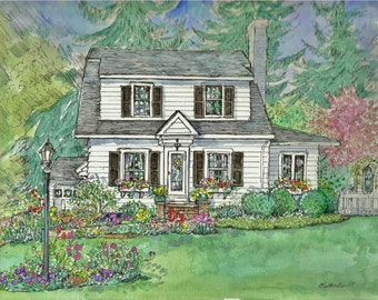 Original Custom Pen/Ink and Watercolor House by HousePortraits