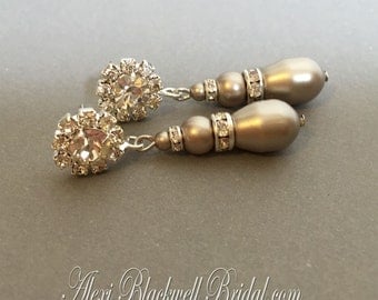 Pearl Earrings in Taupe Swarovski Platinum Pearls and Rhinestone post mother of the bride or bridal wedding jewelry gift your color choice
