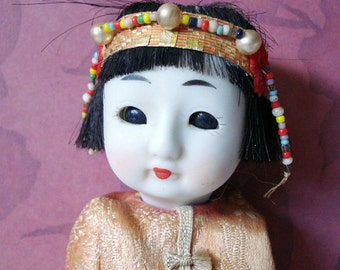 Vintage 1940's Bisque Chinese Doll with Open and Close Glass Eyes, Jointed Compositon Body & Human Hair Wig