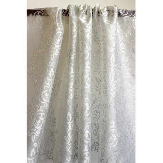 White  Silver Damask Embroidered Sheer Curtain Fabric By The Yard Drapery Window Treatment 