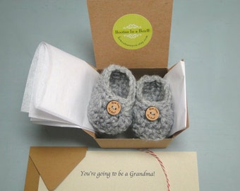 Pregnancy Reveal to Grandparents, Pregnancy Reveal, Announcement, Crochet Baby Shoes, Optional Buttons, BOOTIES IN A BOX®, Custom Made