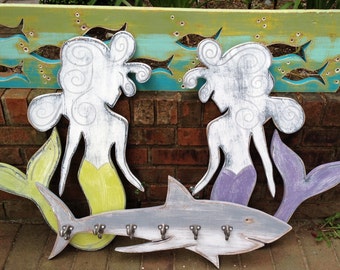 Shark Hook Coat Rack Sign Beach House Decor Wall Art With 6 Hooks by CastawaysHall
