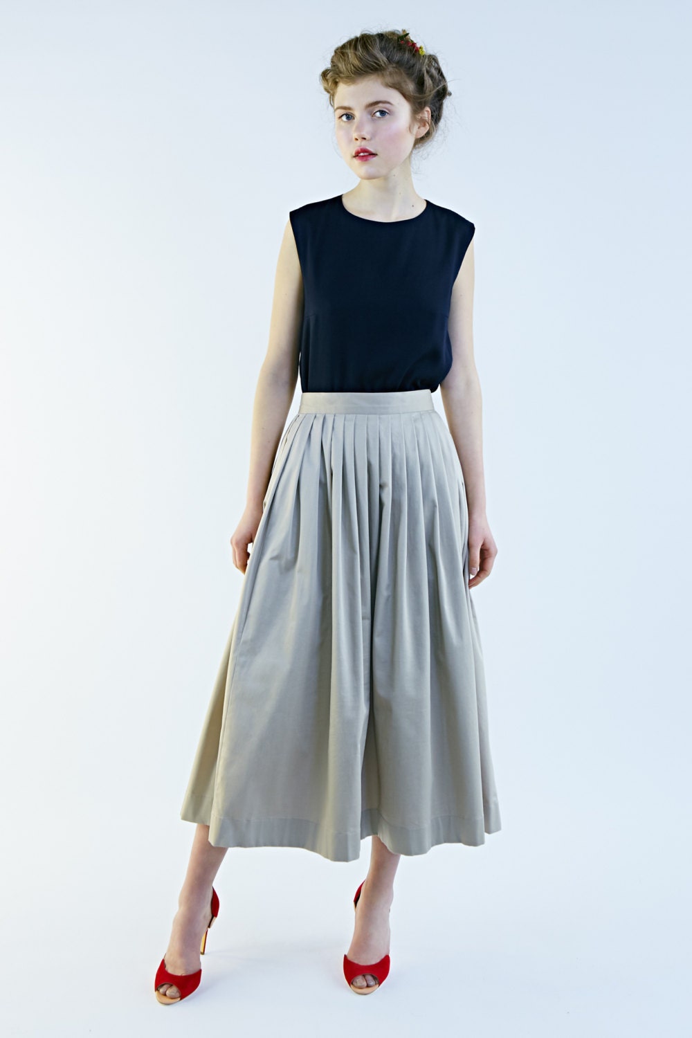 Tea Length Skirt Pleated Midi Skirt Pleated Skirt by mrspomeranz