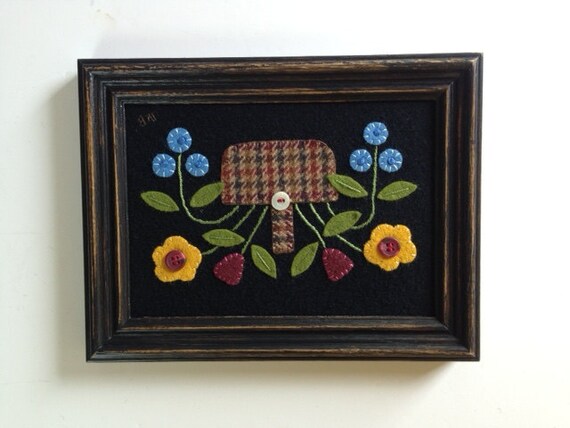 Primitive Framed Wool Applique Flower Basket Jkb