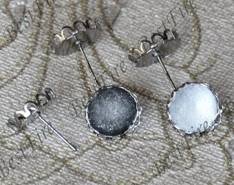 12pcs Antique Silver Earring Posts With Round 12mm Pad,Earring Stud,cabochon earring setting,Jewelry Making Findings