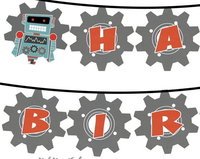 Retro Robot Themed Happy Birthday Banner - Instant Download - Print Your Own