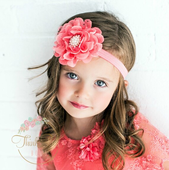 Baby Headbands, Coral Baby Headband,Flower Headband,Baby Girl Headband,Infant headband, Newborn Headband, Shabby Chic Headband, Baby Bows. by ThinkPinkBows