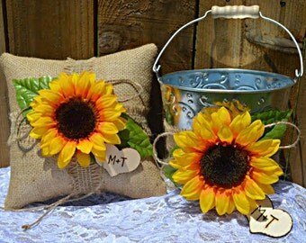 Sunflower Burlap Ring Pillow, Sunflower Flower Girl Bucket, Sunflower Wedding Pillow and Basket, Sunflower Wedding, Ring Pillow and Basket