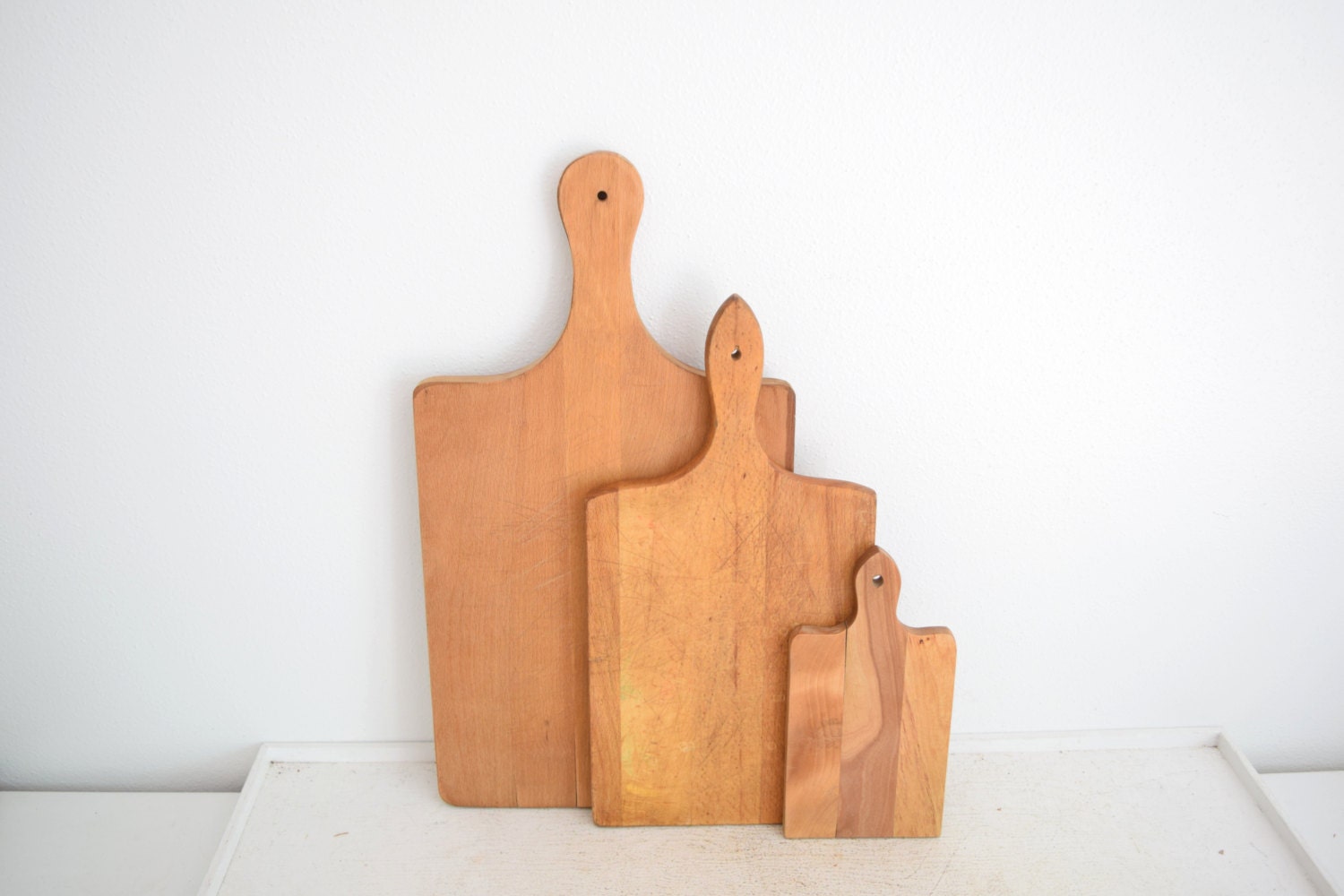 Three Vintage Wood Cutting Boards with Hanging Handles Bread