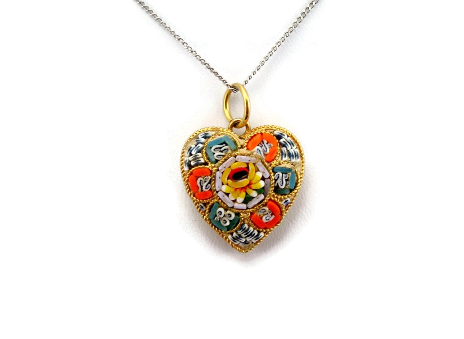 Micro Mosaic Heart Pendant Vintage Jewelry Made in Italy