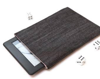 Kindle Fire, Kindle Voyage, Kindle Paperwhite case cover sleeve handmade dark jeans denim and gray