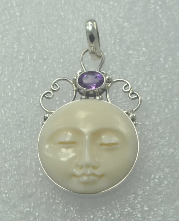 Moon Face Amethyst 925 Sterling Silver Pendant Bali Designer