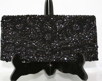Vintage Black Beaded Mid Century Clutch by Debie