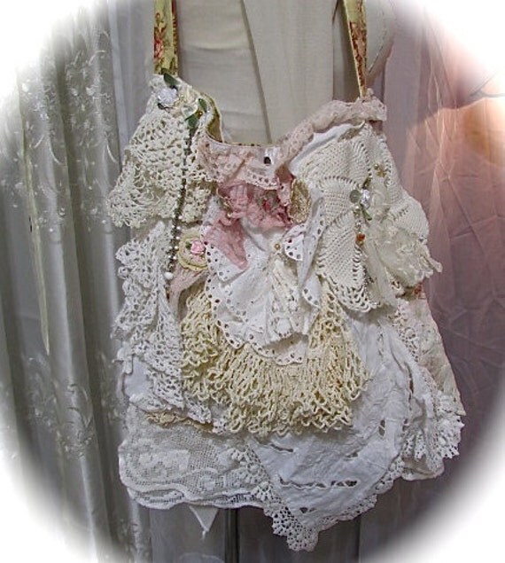 Shabby Doily Bag, layered lace linen doilies, romantic Victorian lace ruffles, embellished lace purse, shabby lace bag