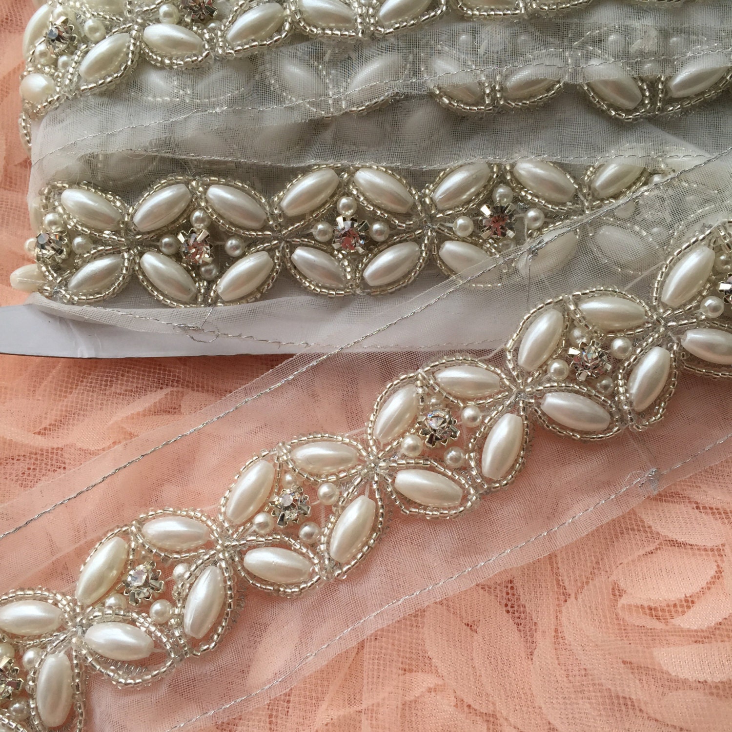 Ivory Beaded Lace Trim Pearl Rhinestone Beaded Trim 1 Yard For