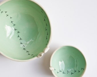 TWEET BOWL, ceramic bird bowl, white and green pottery bowls, ceramic bowls set, nesting bowls set, modern serving bowls, made in Ireland