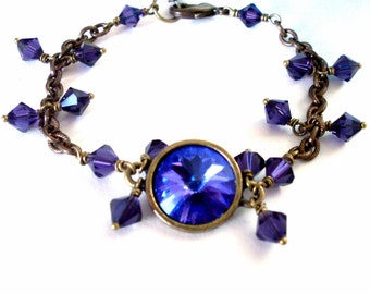 Purple crystal dangle bracelet, antiqued brass chain, Austrian crystal purple rhinestone, dark purple crystal bead dangles, crystal jewelry
