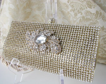 Rich Gold Satin Fabric Wedding Bag Clutch Formal Evening Bag with loads of Austrian Crystals