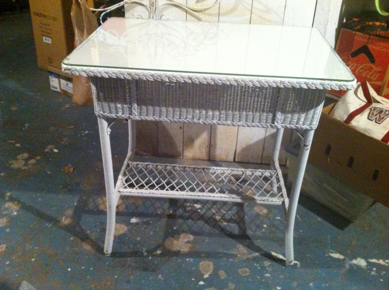 Vintage White Wicker Table with Glass top Haute Juice