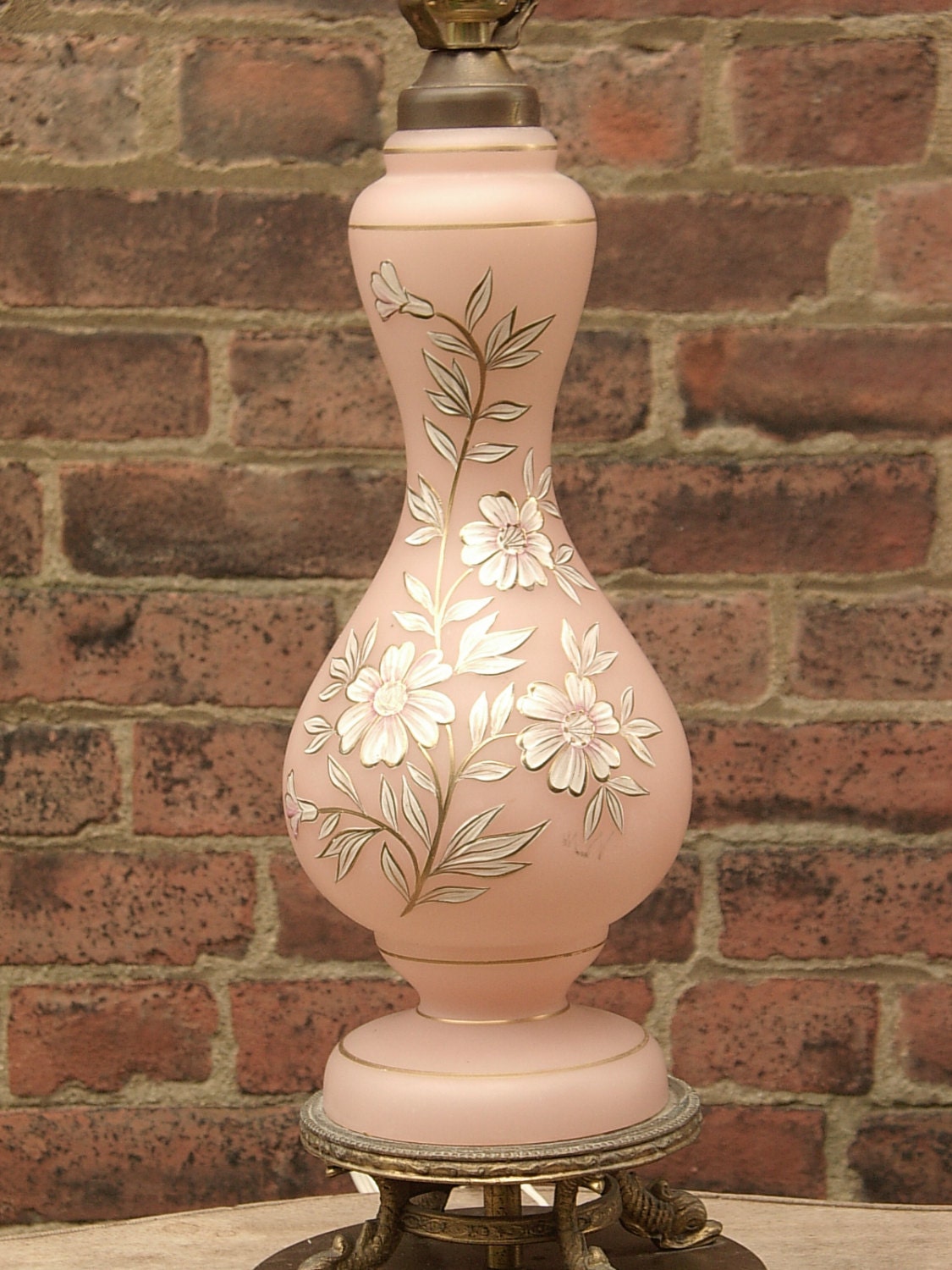 Vintage 1940's Pink satin glass lamp Hand painted by ShoponSherman