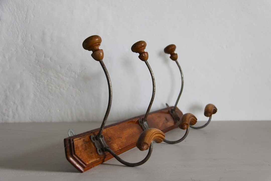 Antique French Shabby Chic Wooden Coat Hook Hat Rack 3 Pegs 24″ Haute
