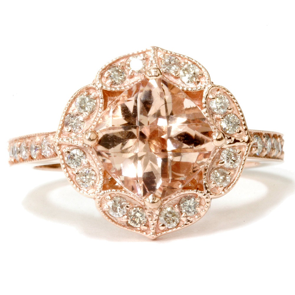  Vintage  Morganite  Diamond Engagement Ring  Cushion Morganite 