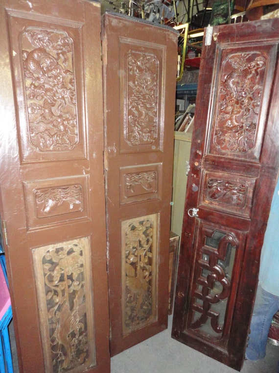 design for door temple glass Chinese Pair Wood Vintage 30s Temple Glass C. Doors Carved Dramatic