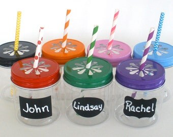 Plastic Mason Jars 8oz w/ “FREE" Chalkboard Labels / Kids Cups / 10 Plastic Jars, 10 Daisy Cut Jar Lids & 10 Labels / Kids Party