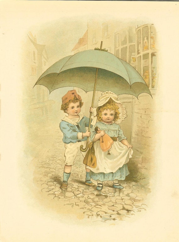 Raphael Tuck Victorian 1895 Antique Childrens Print Boy Holding Umbrella Girl With Doll Cobbled Street Vintage Book Plate Book Illustration