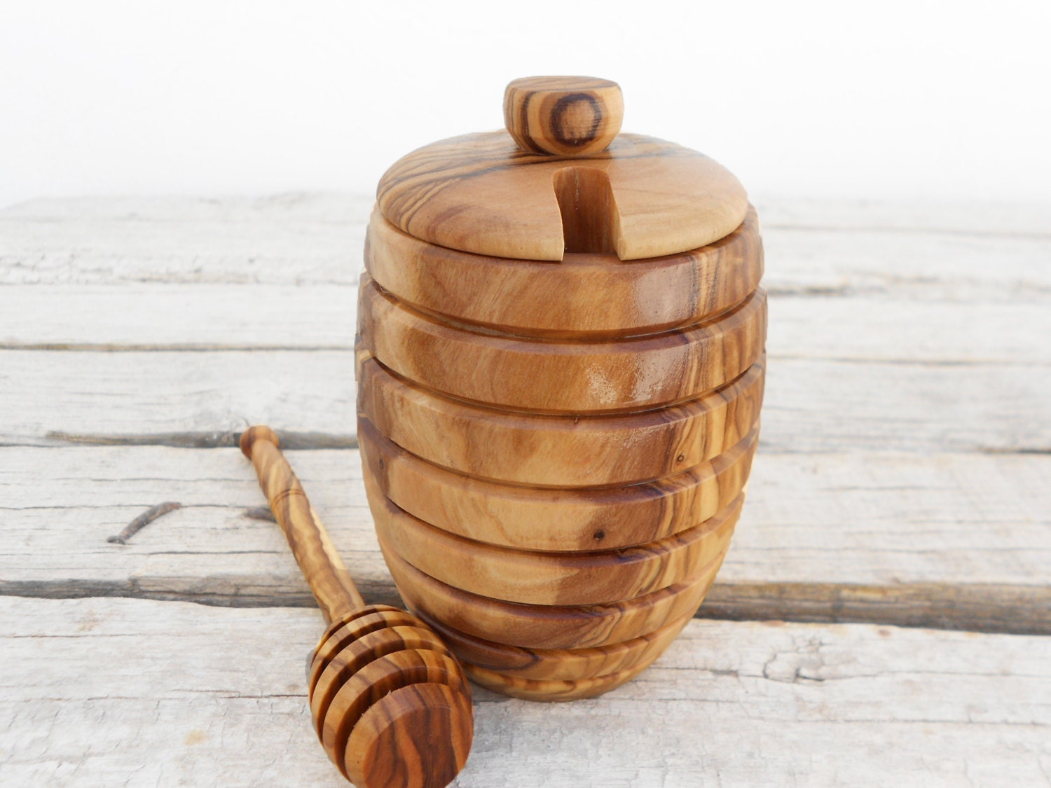 Olive Wood Honey Pot Jar with Honey Dipper Spoon / Wedding