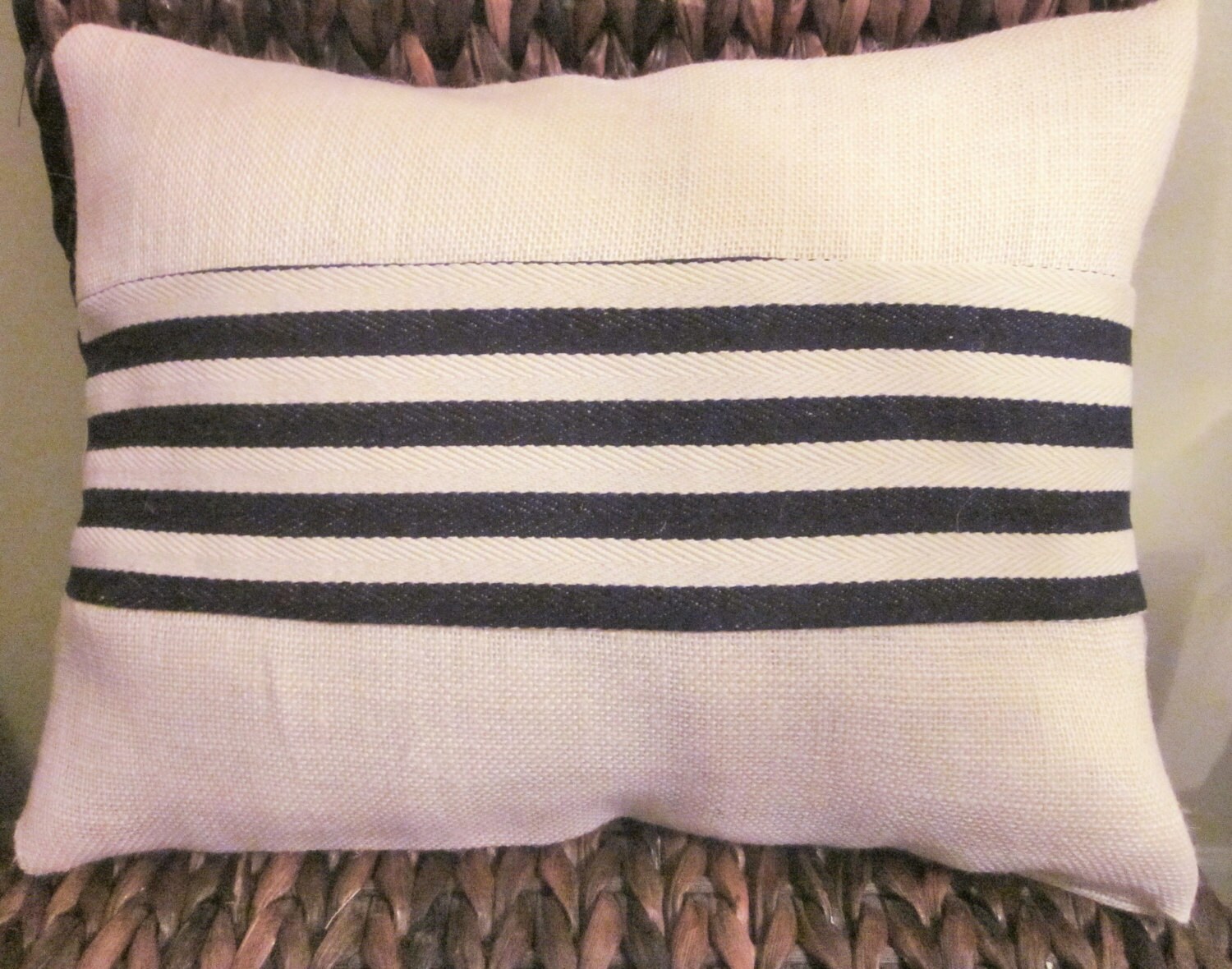 Navy Stripes Burlap Pillow Cover Navy Blue by annmerrilldesigns