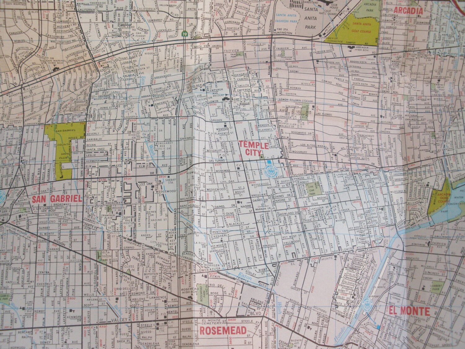 Vintage Los Angeles road map San Gabriel Valley area