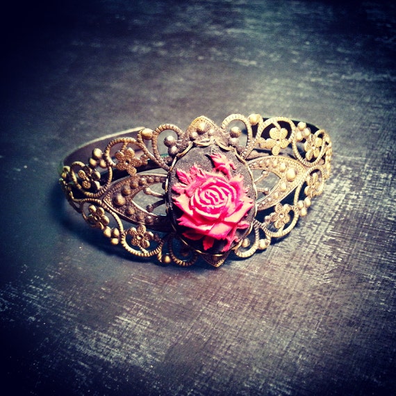 Valentines Rose Cameo Filigree Cuff Bracelet Ornate and Unique